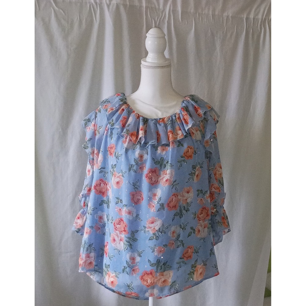 EST. 1946 Romantic Coquette Floral Ruffle Blouse Blue Pink Stripe Off Shoulder L